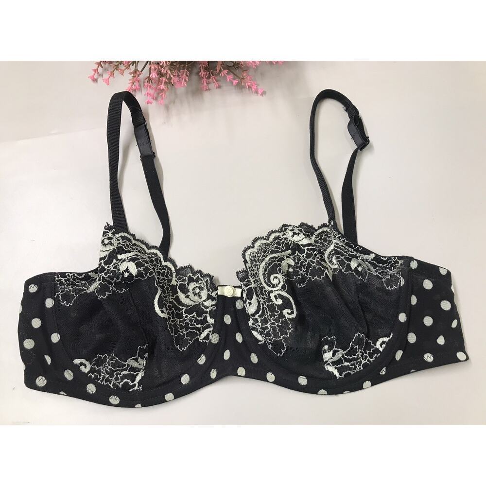 Vintage Gilligan O Malley Polka Dot Mesh Floral Lace Bra 38C Black & White Y2K